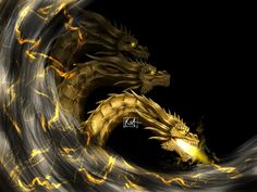 a golden dragon is in the middle of a black and white swirly background with yellow lights