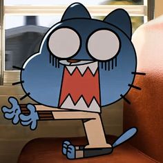 an animated cat sitting on top of a brown chair with its mouth open and tongue out