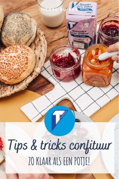 a table topped with lots of different types of confection and jams on top of it