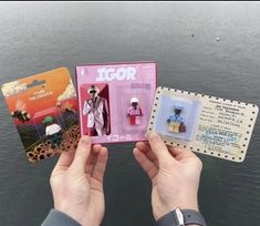 someone is holding two toy figures in front of the water and one has a card