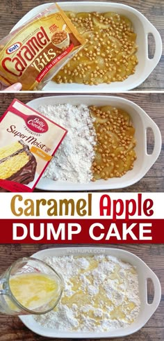 two white dishes filled with baked goods and the words caramel apple dump cake on top