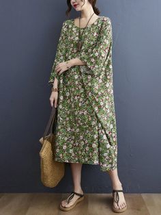 Sku CY-!89390 Material >70%Cotton Style Loose , Batwing Sleeves Feature Floral Printed Neckline Round-neck Occasion Going out , Casual , Vacation , Vintage Seasons Spring , Summer Type Midi Dresses Color SAME AS PICTURE Size FREE SIZE Please consult the size chart we provide for this item's measurements to help you decide which size to buy.Please note: There may be 1-3cm differ due to manual measurement.CMINCH Bust Length FREE SIZE 248 113 Green V-neck Shift Maxi Dress, Casual Printed Tunic Maxi Dress, Cotton V-neck Shift Maxi Dress, Loose Summer Dresses With Floral Print, Green Shift Maxi Dress With V-neck, Loose Spring Vacation Dresses, Loose Floral Print Beach Dress, Casual Patterned Dresses For Spring, Casual Patterned Spring Dress