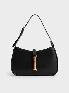 Black Cesia Metallic Accent Shoulder Bag - CHARLES & KEITH UK Checkered Blazer, Range Bag, Black Handbag, Chic Bags, Maxi Robes, Black Shoulder Bag