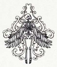 a drawing of a skeleton with wings on it