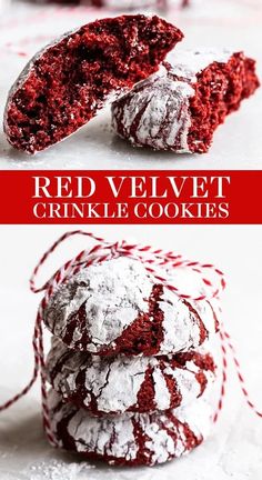 red velvet crinkle cookies are stacked on top of each other