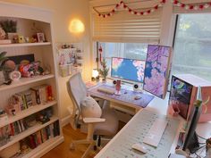 L-shaped desk with pink gaming setup and bookshelf on the left, white gaming chair with stuffed animal sitting on top Aesthetic Egirl, Cozy Desk, Interior Design Layout, Gamer Room Decor, Desk Inspiration, Office Room Decor, Bedroom Setup, Computer Room, Gaming Room Setup