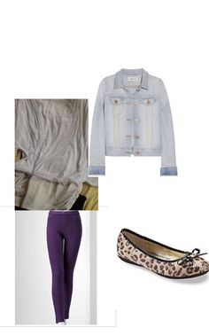 Denim jacket, white blouse, purple leggings, leopard print flats Blouse Purple