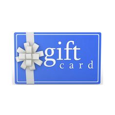 a blue gift card with a white bow and the words gift card written on it