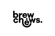 the words brew chews are black and white on a white background with an oval shape