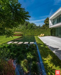 an outdoor area with grass and plants next to a large white building in the background