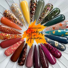 Shades of Autumn collection has everything you need for your diy manis!! There's foils, leaf glitters, a thermal and a glow!  Each dip is also available separately.   Ivy and Mixed Berry had to be updated as some glitters are no longer available.  Ivy2 and Mixed Berry2  are very close to the originals, and just as beautiful!  Our Sizing Sample 1 tsp - 1-2 manis  Regular 5-7 manis  .25 oz (filled by weight) .5 oz jar   10+ manis   1 oz jar The number of manis will depend on how many layers of dip Fall Dip, Dip Nail Colors, Gel Polish Designs, Thermal Nails, Dip Manicure, Powder Nail Polish, Nail Dip Powder, Nail Dip, Jupiter Fl