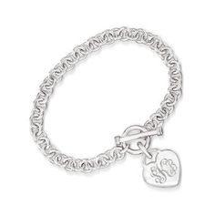 Ross-Simons - Single Initial - Silver Personalized Heart Toggle Bracelet. 8". Our charming sterling silver toggle bracelet features a lovely heart at the center that can be personalized with a single initial in block or script type. A giftable piece that will be treasured forever. Cable chain. FREE engraving. Toggle clasp, sterling silver heart bracelet. Personalized Heart Bracelet, Sterling Silver Heart Bracelet, Script Type, Toggle Bracelet, Fine Jewelry Bracelets, Sterling Silver Heart, Toggle Clasp, Heart Bracelet, Silver Heart