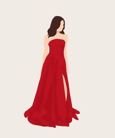 a woman in a red dress is standing with her back to the camera and she has long dark hair