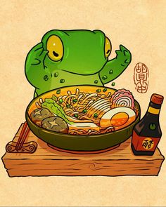 a green frog sitting on top of a pan filled with food next to a bottle