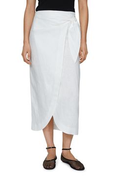 Polished and pretty describes a linen midi that features a gently curved hem and a joyful bow tied at one side. Side tie closure Back elastic waist 100% linen Machine wash, line dry Imported Elegant Summer Wrap Skirt With Tie Waist, Linen Skirt For Vacation, Elegant Linen Bottoms With Tie Waist, Elegant Linen Daywear Skirt, Elegant Linen Skirt For Daywear, Elegant Summer Wrap Skirt For Daywear, Chic Linen Skirt For Daywear, Chic White Linen Skirt, Elegant White Linen Skirt