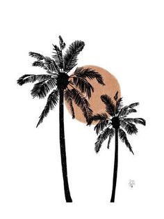 three palm trees with the moon in the background