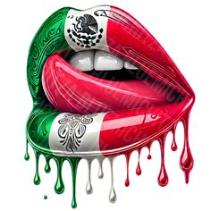 the lips are painted in colors of italy and green with red drips on them