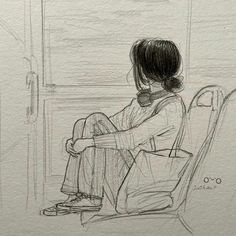 a drawing of a person sitting in a chair with their legs crossed and looking out the window