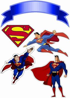 superman and his friends stickers are in the shape of a banner with blue ribbon