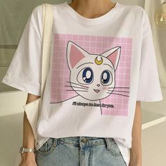 Sailor Moon T Shirt Short Sleeve Wibu Cartoon Top Tees L0143 Sailor Moon Shirt, Sailor Moon Fashion, Cartoon Tops, Cute Workout Outfits, Moon Shirt, Aesthetic T Shirts, Aesthetic Shirts, Rilakkuma, Cute Tshirts