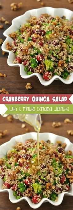 the process of making cranberry quinoa salad is shown in two separate dishes