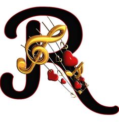 the letter r is made up of musical notes and heart - shaped pins in black, gold, and red