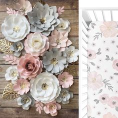 a baby crib bedding set with pink and grey flowers on the bottom, and an image of a white crib next to it