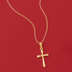 Ross-Simons - Child's 14kt Yellow Gold Cross Necklace. 15". A slightly tapered design lends a distinctive touch to this lovely 14kt yellow gold child's cross pendant necklace. On a fine 1 mm rope chain, this child's cross pendant is set in 14kt yellow gold with a polished finish. White Gold Cross Necklace, Yellow Gold Cross Necklace, Cross Accessories, Gold Pendants For Men, White Gold Cross Pendant, Gold Earrings For Kids, Gold Earrings Indian, Mens Cross Necklace, Sterling Silver Cross Pendant