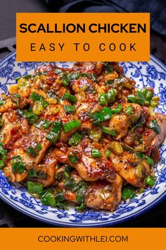 a plate with chicken and green peppers on it, next to the title saying scallion chicken easy to cook