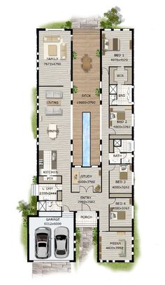 the floor plan for a house with two car garages and an outdoor swimming pool