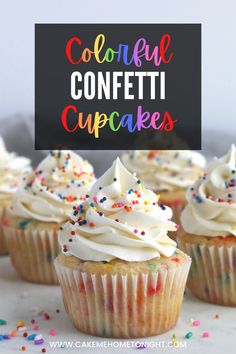 colorful confetti cupcakes with white frosting and sprinkles