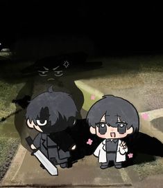 two cartoon characters standing next to each other on the ground in front of a black cat