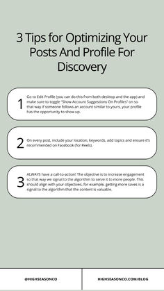 three tips to optimizing your posts and profile for discovery infographical poster