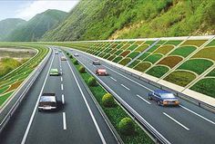 an artist's rendering of a highway with cars driving on it