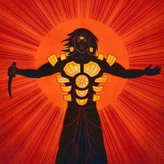 an image of a woman with her arms outstretched in front of the sun and holding a knife