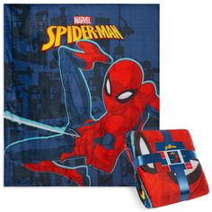 the spiderman blanket and pillow set is on display