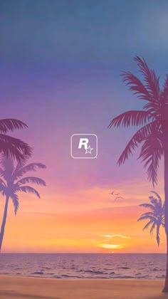 palm trees are silhouetted against an orange and purple sunset on the beach with text that reads r