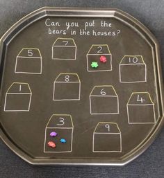 a metal tray with numbers on it and some candy in the bottom one is labeled can you put the bears in the houses?