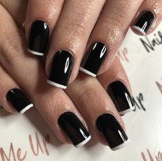 Black Nails With White Tips French Manicures, White With Black Tip Nails, Short French Tip Acrylic Nails Design Black And White, Black Nails Gel Short, Black Nails White Tips, Black Nails With White Tips, Black White French Tip Nails, Black And White Nail, Tape Nail Art