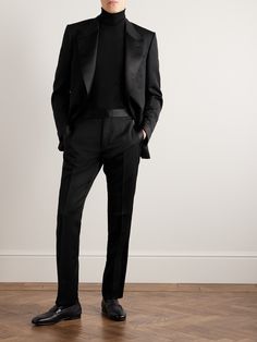 TOM FORD's tuxedo trousers are tailored on its popular straight-leg 'Shelton' block. Made from grain de poudre wool and mohair-blend, they're trimmed with satin and have adjustable tabs at the waist and unfinished hems, so you can alter them to your preferred break. Convocation Ideas, Tom Ford Tuxedo, All Black Suit, Party Jacket, Tom Ford Clothing, Black Suit Men, Dark Suit, Tom Ford Suit, Party Jackets