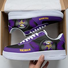 Minnesota Vikings Af1 Shoes Bg91 Viking Shoes, Af1 Shoes, American Football Team, Expressive Fashion, Shoe Gifts, Minnesota Vikings, Classic Silhouette, Black Laces, Dinosaur Print