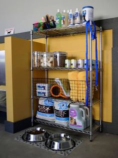 a metal shelf filled with lots of items