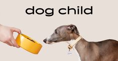 a person feeding a dog food out of a yellow bowl with the words dog child written on it