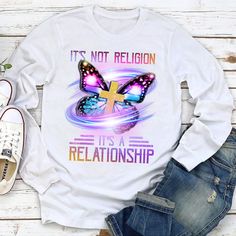 It‘s Not Religion, It’s A Relationship - Must-Have Christian Unisex Lo - Jesuspirit Christian Tshirt Design, Jesus Clothes, Daily Day, Outfit Quotes, Cool Boots, Christian Clothing, Merchandise Design, Christian Shirts, A Relationship