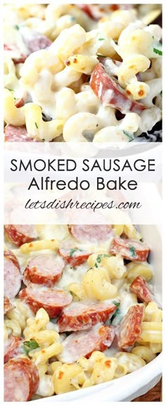 Pasta and smoked sausage come together with a creamy, cheesy sauce in this quick and easy weeknight dinner. Smoked Sausage Alfredo Bake, Spicy Smoked Sausage, Sausage Alfredo Bake, Smoked Sausage Alfredo, Alfredo Bake Recipe, Sausage Alfredo, Pasta Sausage, Alfredo Bake, Smoked Sausage Recipes