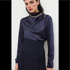 New With Tags This Listing Is For The Skirt And Matching Satin Navy Blue Blouse Both Pieces Are Size Large Price Is Firm No Offers Buttoned Skirt, Button Midi Skirt, Navy Outfit, Navy Blue Blouse, Skirt With Buttons, Skirts Midi High Waisted, Zara Skirts, Denim Midi Skirt, Blouse Outfit