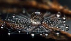 a drop of water sitting on top of a spider's web covered in dew