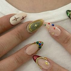 Quirky Nail Ideas, Mix Nails Designs, Retro Nail Designs Vintage, Fall Mismatched Nails, Mixed Match Nails, New Orleans Nail Ideas, Nail Designs Natural Nails Short, Mitch Match Nails