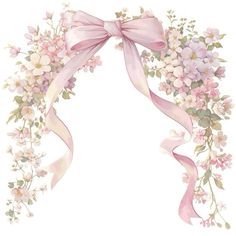 a pink ribbon with flowers and leaves on it