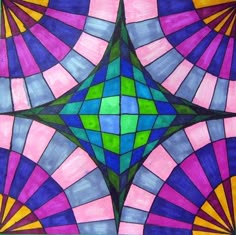 a colorful stained glass window with an abstract design